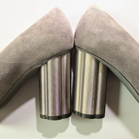 Ferragamo Lucca 85 Gray Suede Metallic Heels